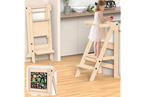 ACENOVA Foldable Toddler Tower, Wooden Toddler Kitchen Stool with 3 Adjustable Heights and Removable White/Blackboard, Montessori Foldable Learning Tower Kitchen Stool, Natural Wood