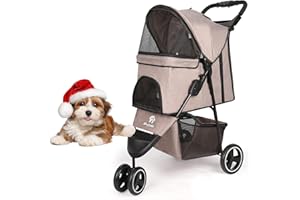 Wedyvko Upgraded Pet Stroller, One Button Foldable Dog Stroller with Storage Basket and Cup Holder for Small and Medium Cats, Dogs, Puppy (Coffee)