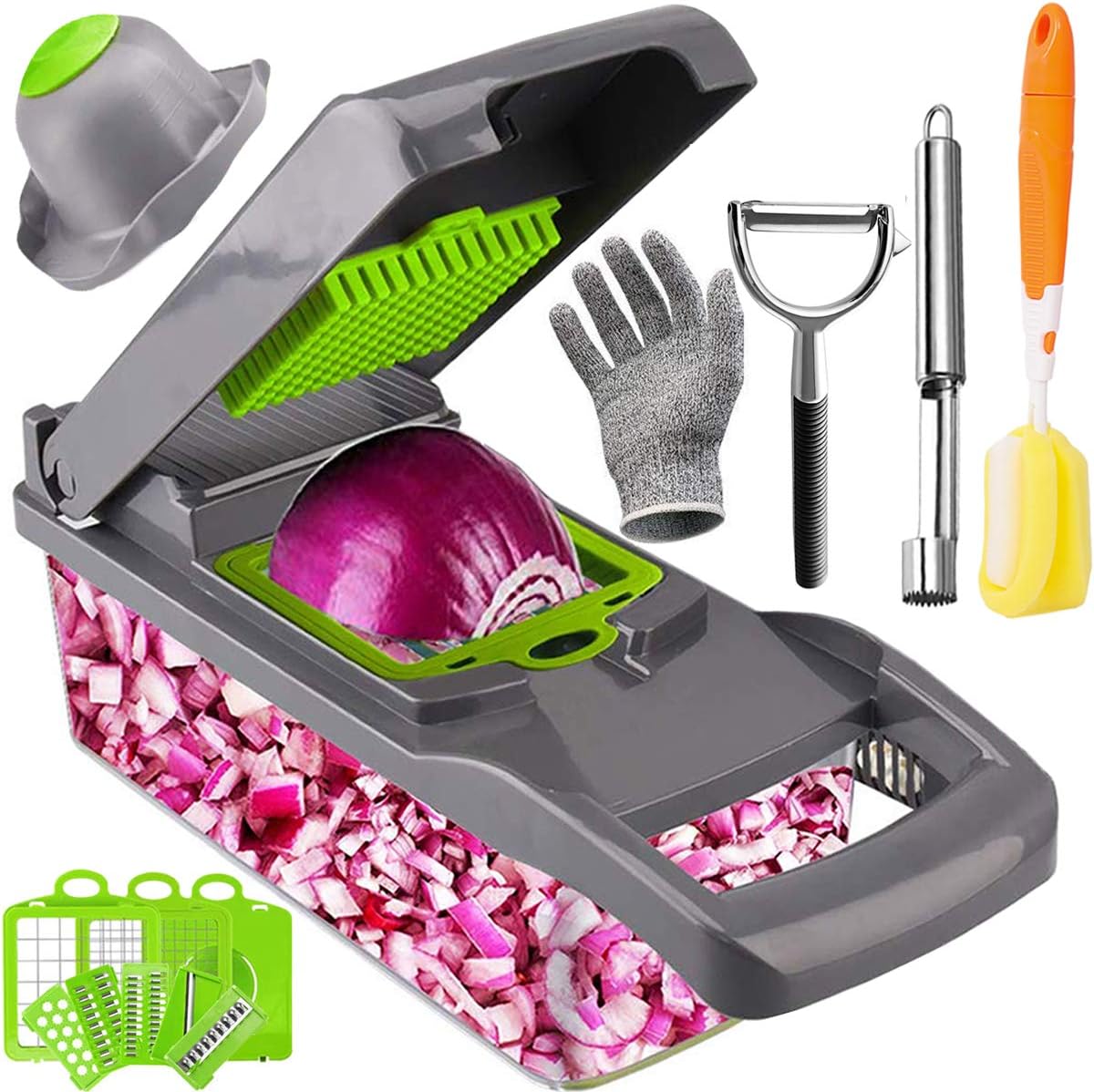 Artcome Vegetable Chopper Slicer Onion Dicer with Colander Basket and Container Food Chopper Onion Cutter with Protective Gloves, Fruit Core Remover Tool, Stainless Steel Peeler and Sponge Brush