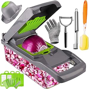 Artcome Vegetable Chopper Slicer Onion Dicer with Colander Basket and Container Food Chopper Onion Cutter with Protective Gloves, Fruit Core Remover Tool, Stainless Steel Peeler and Sponge Brush