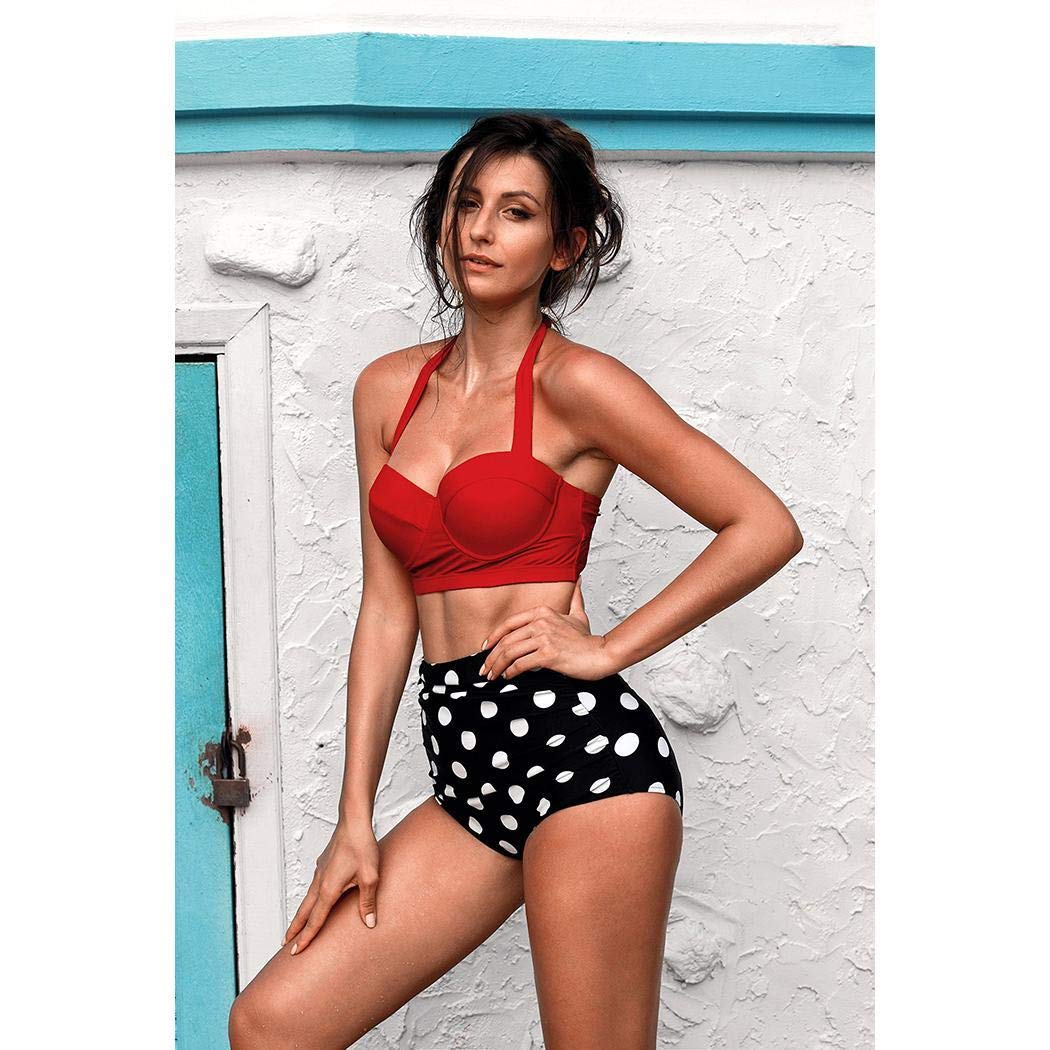 Womens Vintage Halter Two Piece Swimsuits High Waisted Bathing Suits with Underwired Top