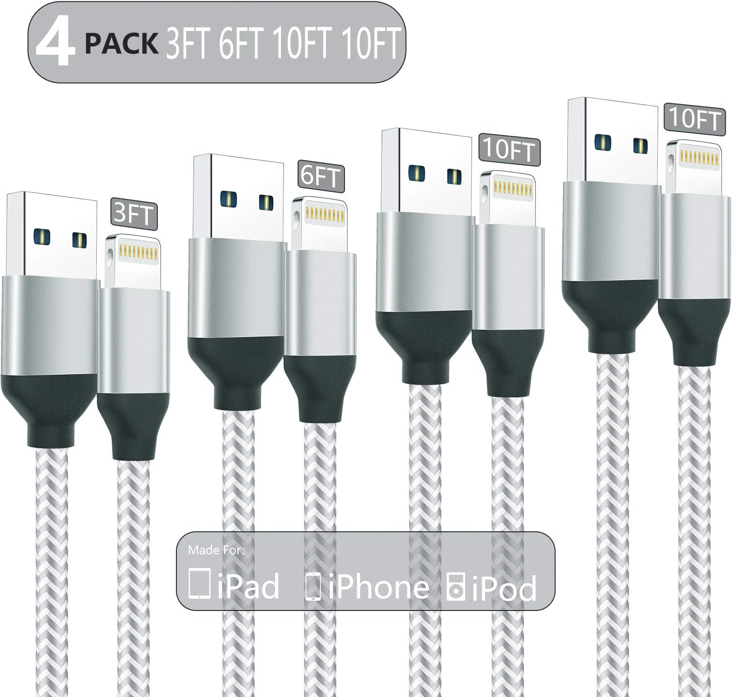 iPhone Charger,MFi Certified Lightning Cable [4 Pack 3/6/10/10FT] Extra Long Nylon Braided USB Charging & Syncing Cord Compatible iPhone 11/11 Pro/11 Pro Max/XS/XS Max/XR/X/8/8Plus/7/7Plus/6S/6S Plus