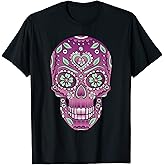 Colorful Purple And Mint Day Of The Dead Floral Sugar Skull T-Shirt