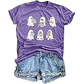 Halloween Teacher Shirts for Women Ghost Reading Books Shirt Funny Spooky Bookish Tee Halloween Party Short Sleeve Tops