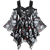 ROSE GAL Plus Size Women Halloween Costume T-Shirt Gothic Top Skull Mesh Lace Up Bell Sleeve Cold Shoulder Top