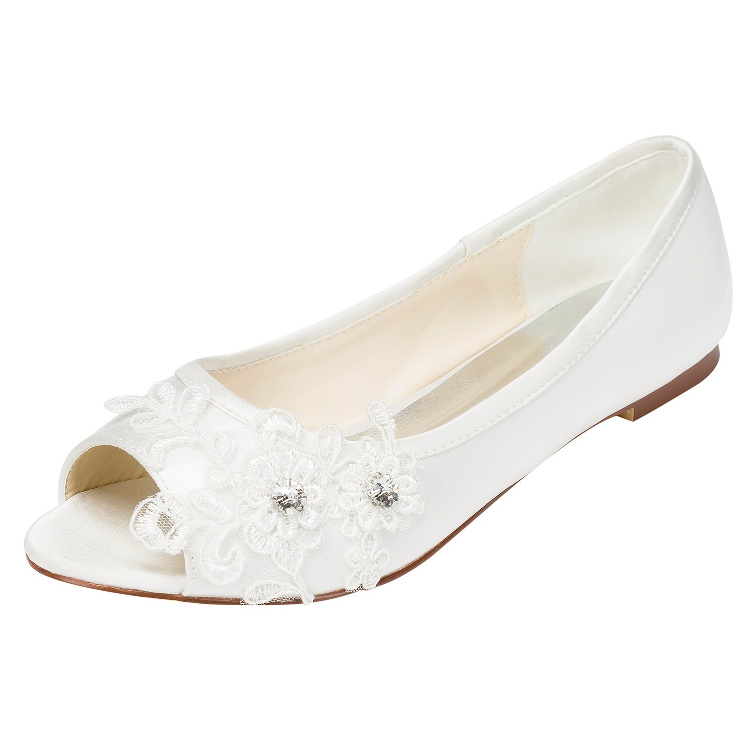 Emily Bridal 331-7-2 Women's Wedding Shoes Peep Toe Flat Heel Satin Flats with Sequin Lace Flower Br