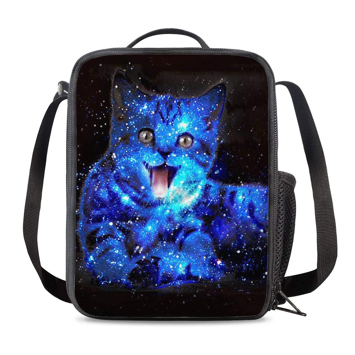 Galaxy Cat Print Lunch Bag School Lunch Box Insulated Lunch Container Small Tote Bag Adjustable & Removable Lunch Kits, Gift for Kids Boy Girls