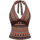 Verdusa Women's Tribal Y2k Halter Tops Boho Summer Hippie Backless Going Out Tops