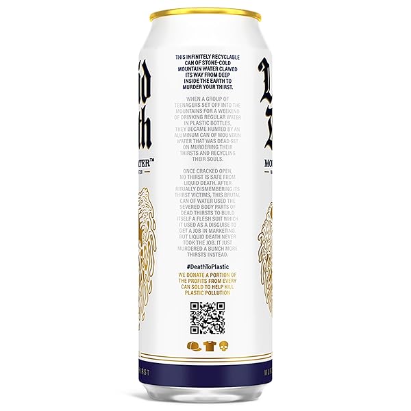 LIQUID DEATH, STILL MOUNTAIN WATER, 8-PACK (19.2OZ CANS), REAL MOUNTAIN SOURCE, INFINITELY RECYCLABLE ICE-COLD CANS, AMERICAN MADE