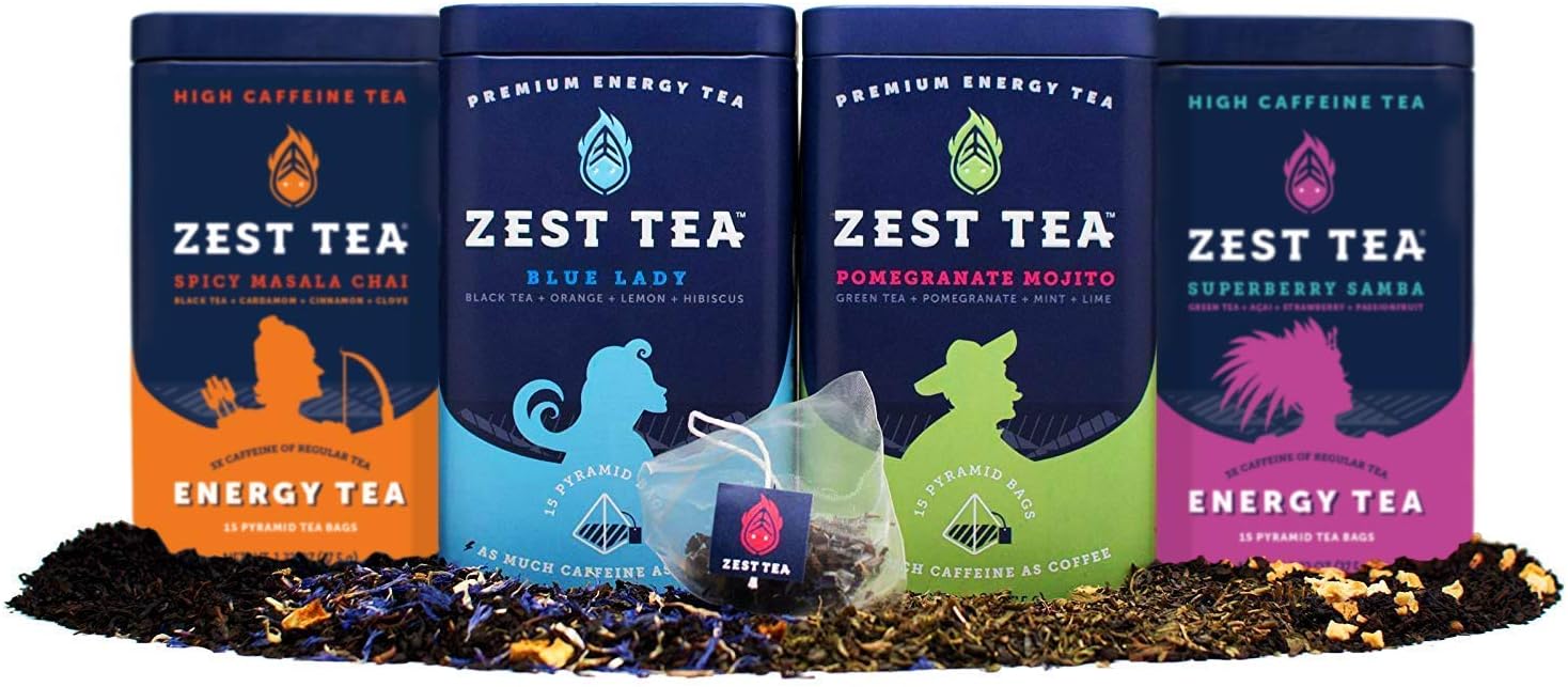 Zest Tea Sampler Pack of High Caffeine Teas, 64 Tea Sachets Black