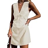 Megfie Womens Summer Cotton Linen V Neck Short Dress Sleeveless Mini Dress Casual A Line Tank Sundress