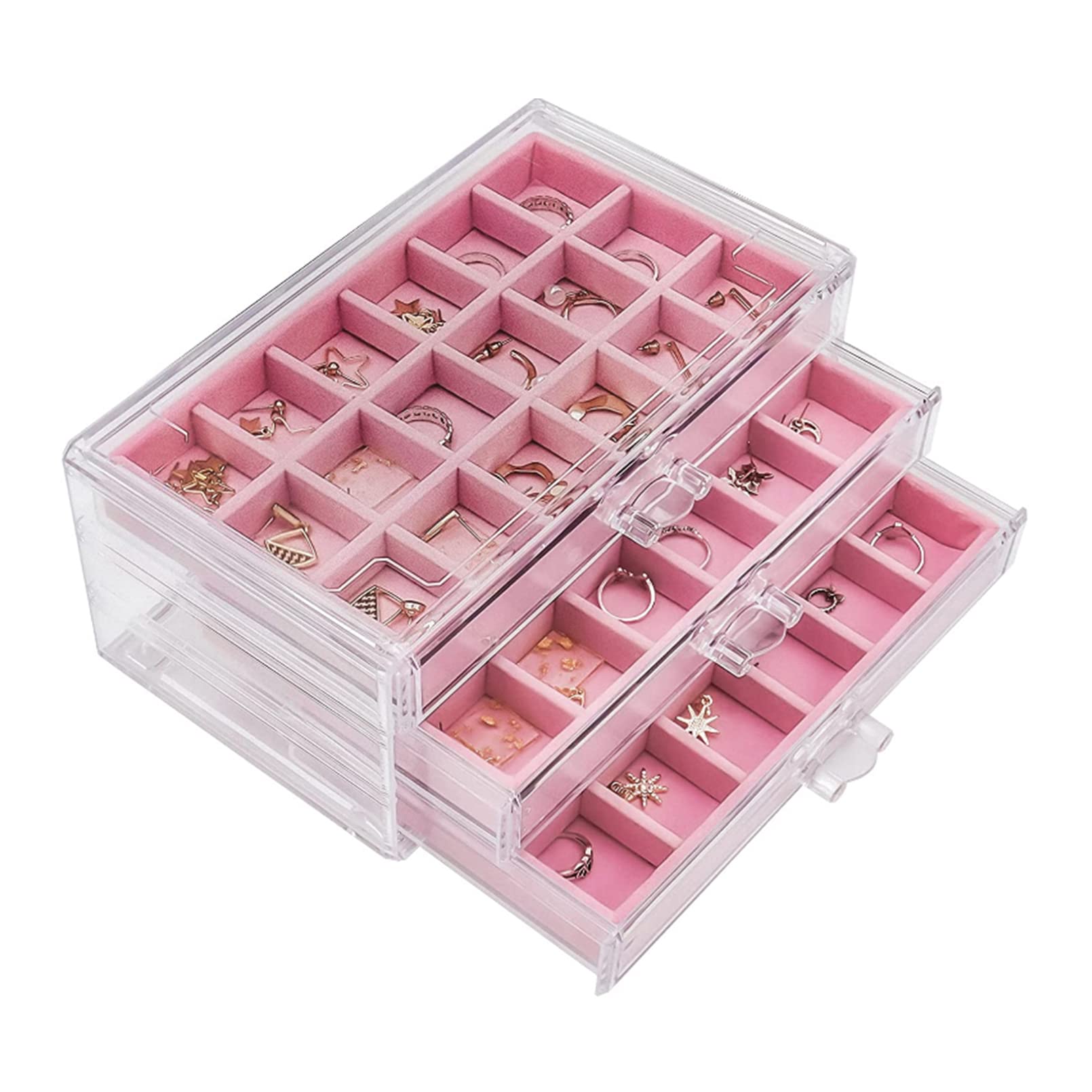 Nwvuop Acrylic Jewelry Box for Women with 3 Drawers Adjustable Jewelry Organiser Box for Rings Earrings Necklace Stackable Jewelry Tray Earrings Storage Box Makeup Cosmetic Storage Case Pink