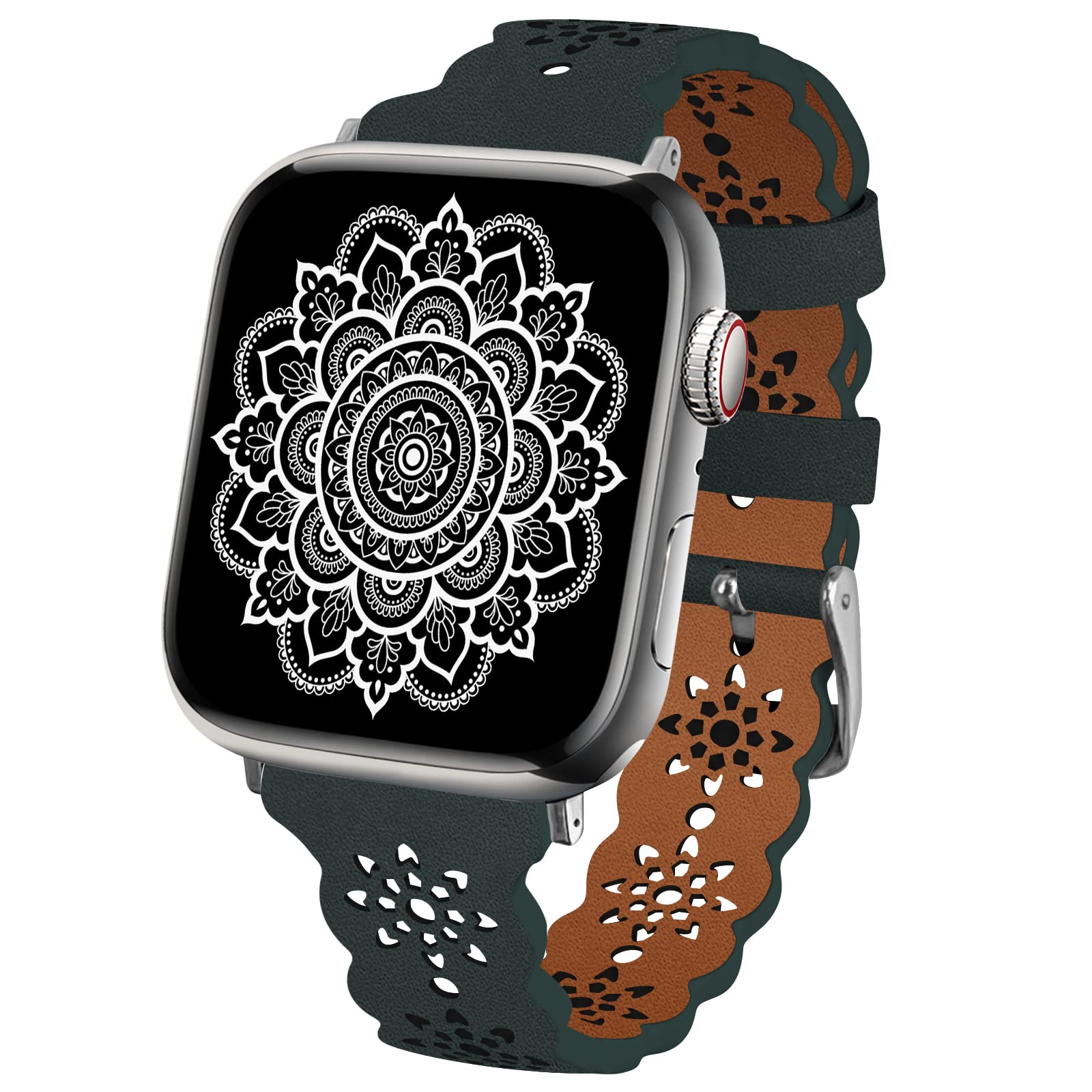 TopPerfekt Lace Leather strap Compatible Apple Watch 42mm 44mm 45mm 49mm Women Ultra Thin hollow out Breathable Leather strap Classic Clasp for iWatch Collection Ultra SE 8 7 6 5 4 3 2 1 Pine Green