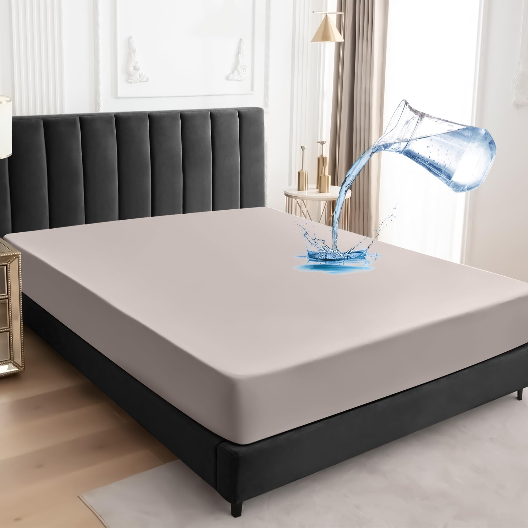 Mattress Protector Waterproof Super King 180x200cm Mattress Cover, Waterproof Fitted Sheet, Mattress Protector with Rubber Band Mattress Cover-Khaki