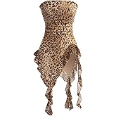 SOLY HUX Women's Y2k Leopard Print Bandeau Tube Top Sheer Mesh Irregular Ruffle Trim Fitted Tops