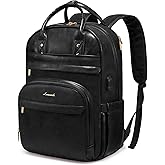LOVEVOOK Vintage PU Leather 15.6 inch Women's Laptop Backpack, Black, 25L, Water Resistant, USB Charging Port