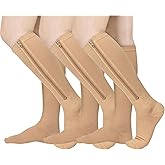Athbavib 3 Pairs Zipper Compression Socks, 15-20 mmHg Closed Toe Compression Stocking with Zipper for Women and Men