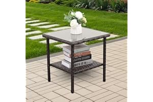 VALITA Outdoor Wicker Glass Top Side Table - Patio Balcony Deck Pool Square End Table with Storage, Dark Brown