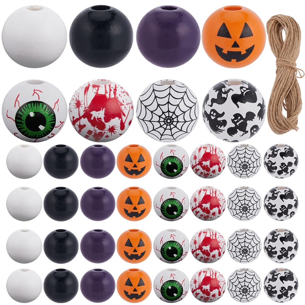 SOFPLATE 210Pcs Halloween Wooden Beads Holiday Wood Beads Round Spacer Bead Garland Hanging Ornaments with Jute Rope for jewellery Making Supplies DIY Necklace Bracelets Crafts Party Home Decoration