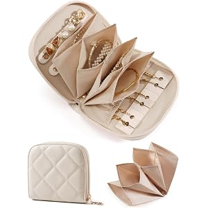 BAGSMART Travel Jewelry Case, Leather Zip for Rings Necklaces | Removable inner pocket, 3 tangle-free clips, 1 elastic pocket