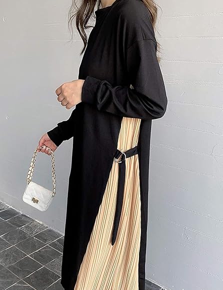 Amazon ワンピース サイドプリーツ ロング ワンピース レディース ロング丈 ノースリーブ ラウンドネッ 切り替えシフォン 長袖 綿ドレス 通勤 Ol 上品 入学式 秋 冬 M ブラック ベージュ ワンピース チュニック 通販