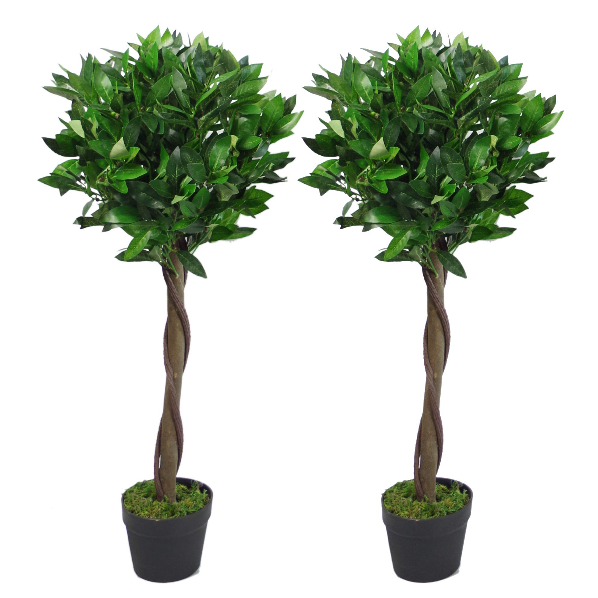Leaf Design UK Pair of Artificial Bay Topiary Ball Trees, Green Twist, 90cm (3ft)