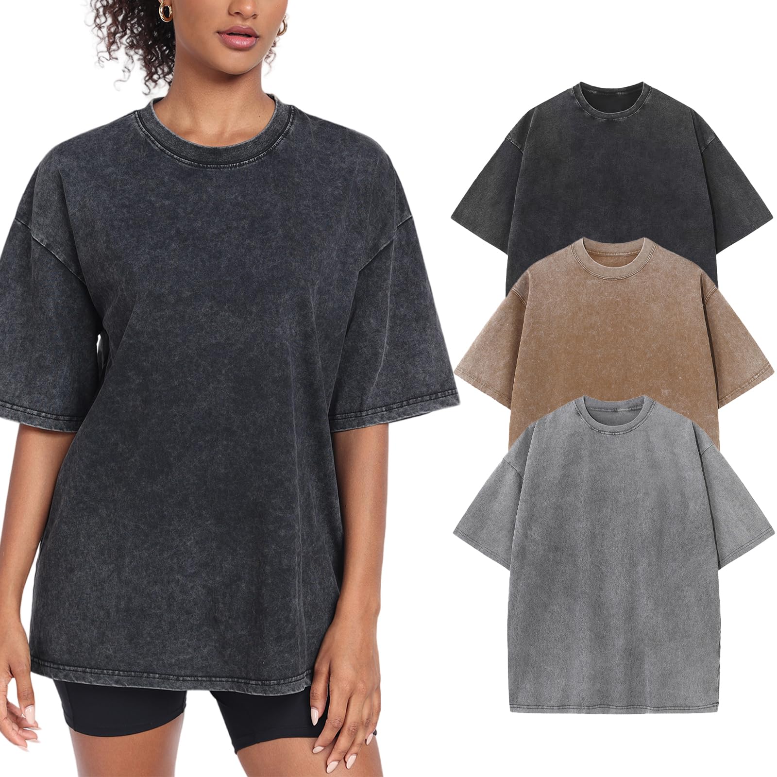3 Pack Womens Washed Vintage Oversized T-Shirt Baggy Workout Tops Short Sleeve Cotton Tshirts Streetwear Boyfriend Tee(W-CFGYBK,m) Image