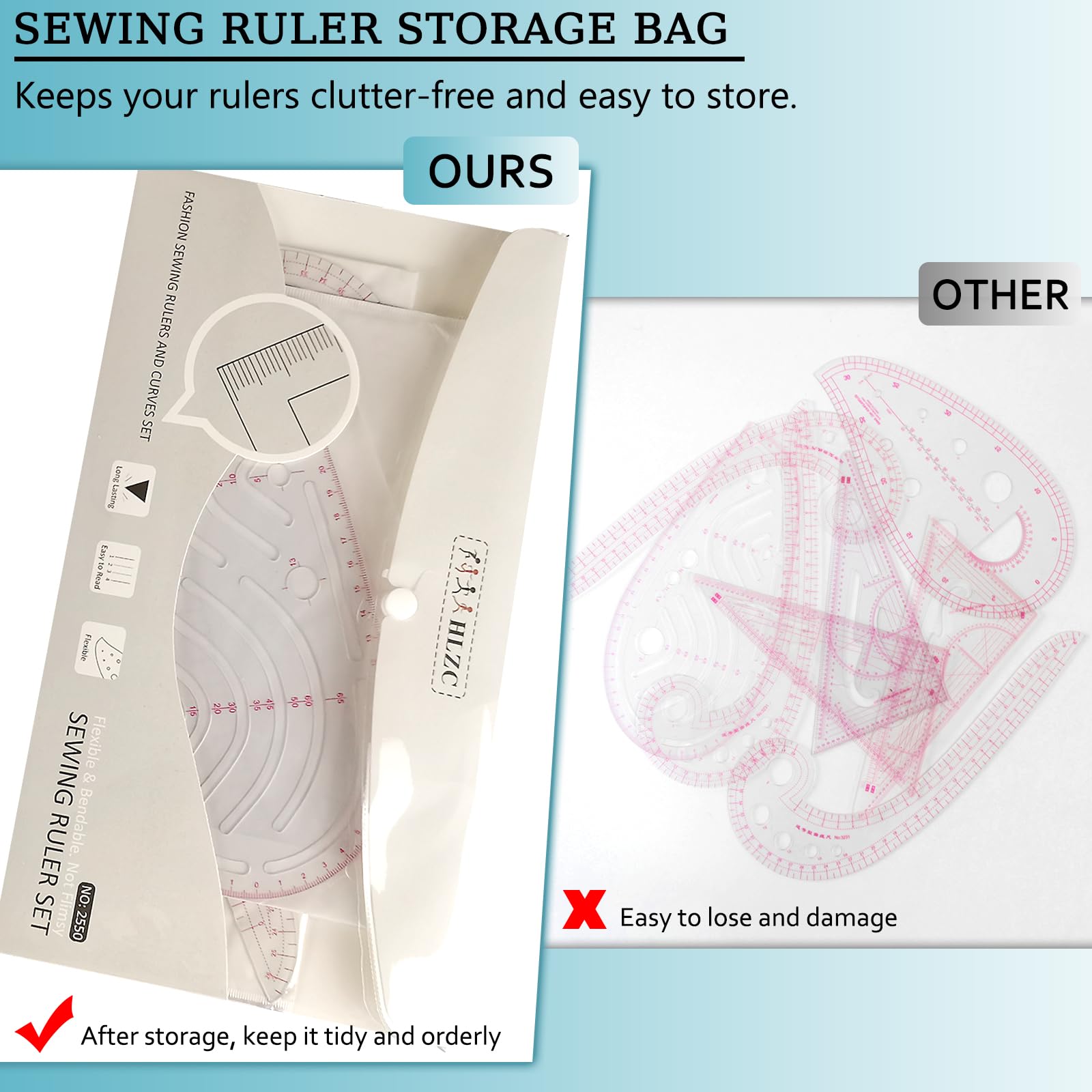 HLZC Fashion Clear Metric Sewing Ruler Set, French Curve Pattern Ruler Kit for Beginners Tailors Designers (A-9-Piece Set)