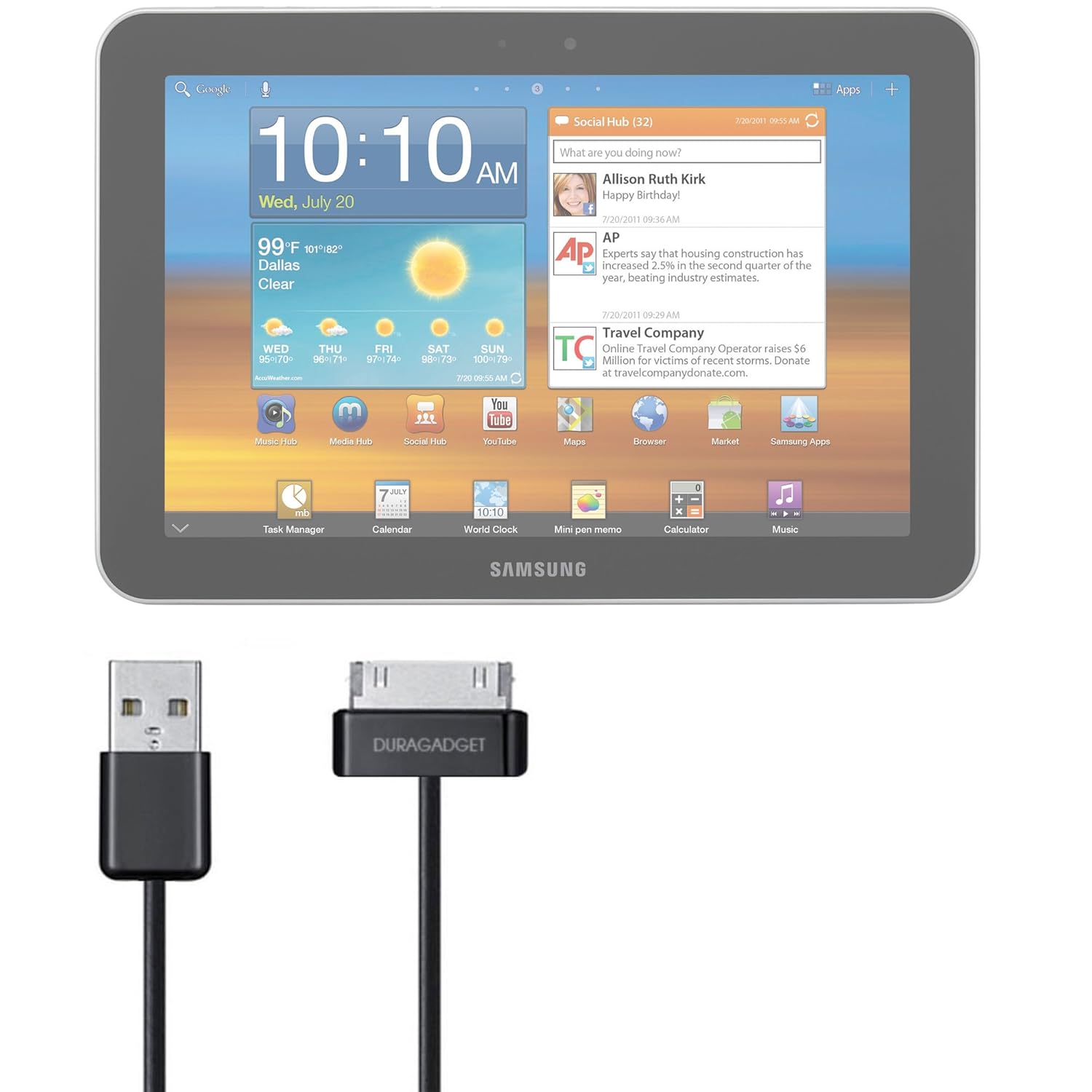 DURAGADGET USB Data Cable Lead For Android Tablet Samsung Galaxy Tab GT-P1000,  P6800, P6810, P6210, 8.9, 10.1, 7.7, 7.0, 7.0 Plus, P6200, I800, Tab 2 7.0,  ...
