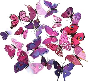 ElecMotive 24 Pcs 3D Butterfly New Home Decoration DIY Removable 3D Vivid Special Man-made Lively Butterfly Art DIY Decor Wall Stickers for Wall Decor Home Decor Wall Art Kids Room Bedroom Decor Living Room Decor (12 Purple + 12 Rose)