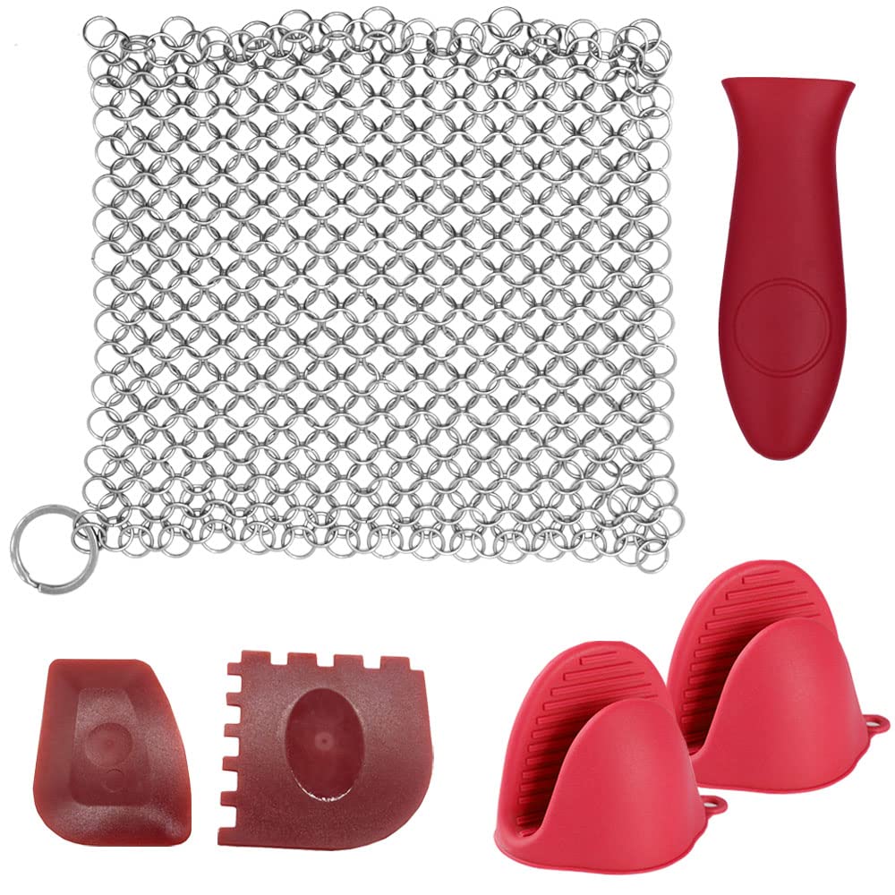 Cast Iron Cleaner,Sonku 6 Inch Stainless Steel Chainmail Scrubber Cleaning Kit for Skillets Pot Iron Pan Wok with Silicone Hot Handle Holder Wall Hook Scraper and Silicone Gloves(8 Pcs In Total)