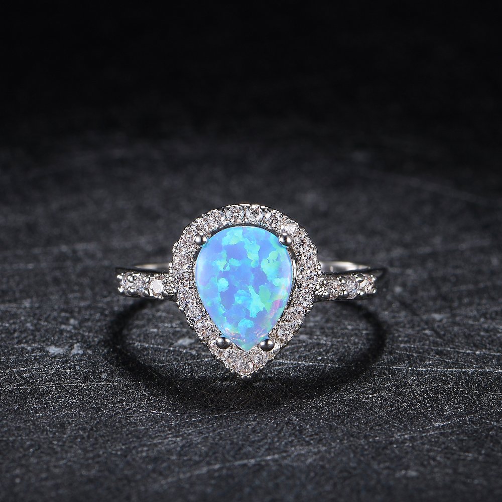 Dnswez Teardrop CZ Cubic Zirconia Blue Fire Opal Ring Silver Statement Band Ring(8)