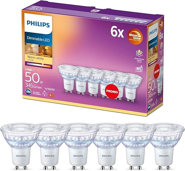 Philips LED Classic GU10 Lampen Warm Glow 6-er Pack (50 W), dimmbare Reflektor LED Spots mit warmweißem Licht, energiesparende Lampen mit langer Nutzlebensdauer, Warmglow Dimmbar