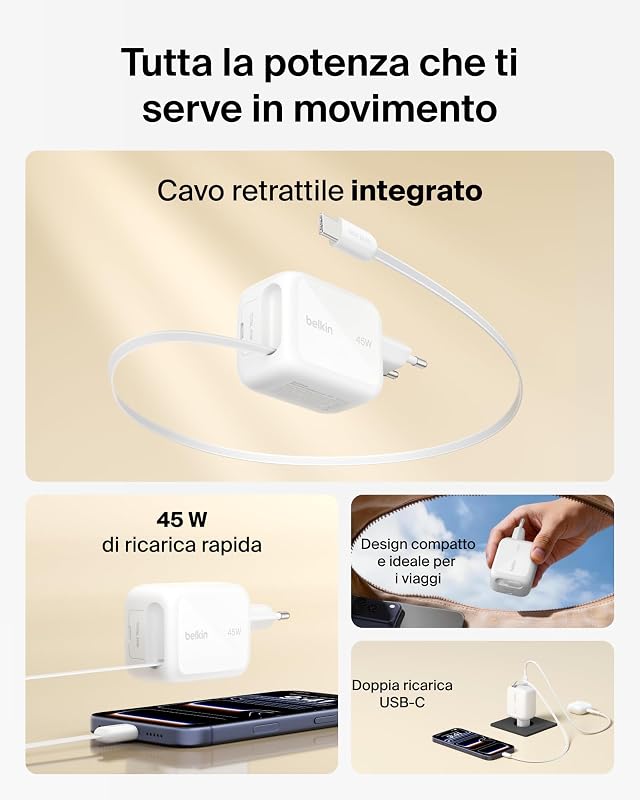 UltraCharge Caricatore USB C da 45W con Cavo USB-C Retrattile da 0,8m e Porta USBC, Carica Batterie Cellulare Rapido per iPhone 17/16 Series, Galaxy S26 Series, AirPods, Tablet, MacBook, Laptop