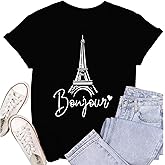 SUWATOIN Womens Paris Shirts Travel in France T-Shirt Eiffel Tower Bonjour Tee Tops