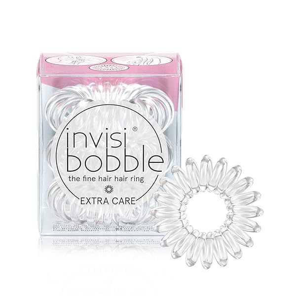 INVISIBOBBLE EXTRA CARE TRACELESS SPIRAL HAIR TIES – PACK OF 3 CRYSTAL CLEAR – STRONG ELASTIC GRIP COIL HAIR ACCESSORIES FOR WOMEN – NO KINK – GENTLE FOR GIRLS TEENS TODDLERS AND FINE HAIR