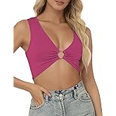 AURUZA Crop Tops for Women Sexy Sleeveless Deep V Neck Cropped Tank Top Y2K Plunge Ring Cleavage Crop Top Going Out Tops