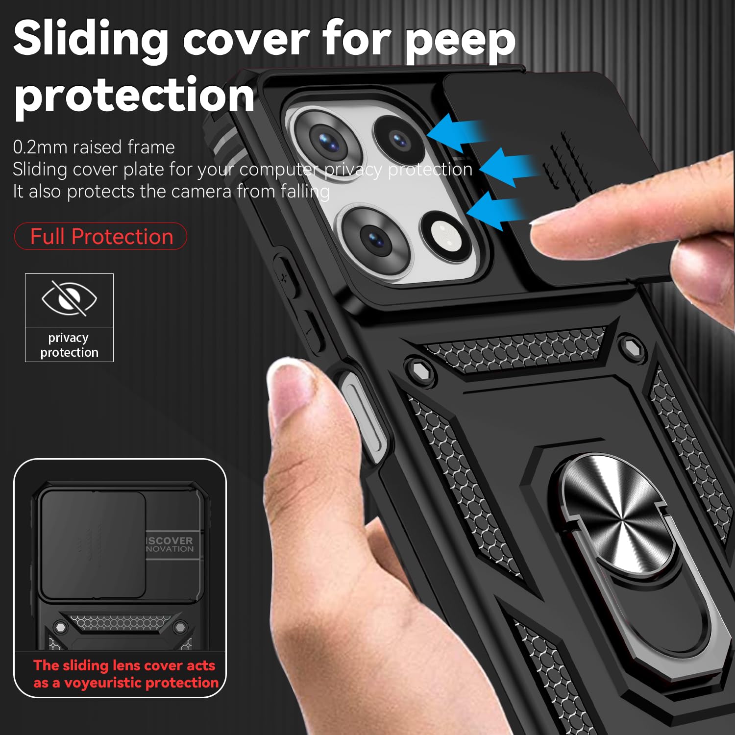 for Motorola Moto G 2025 Case, with Slide Camera Cover HD Screen Protector [Military Grade 16ft. Drop Tested] Magnetic Ring Holder Kickstand Protective Phone Case for Motorola Moto G 2025, Black