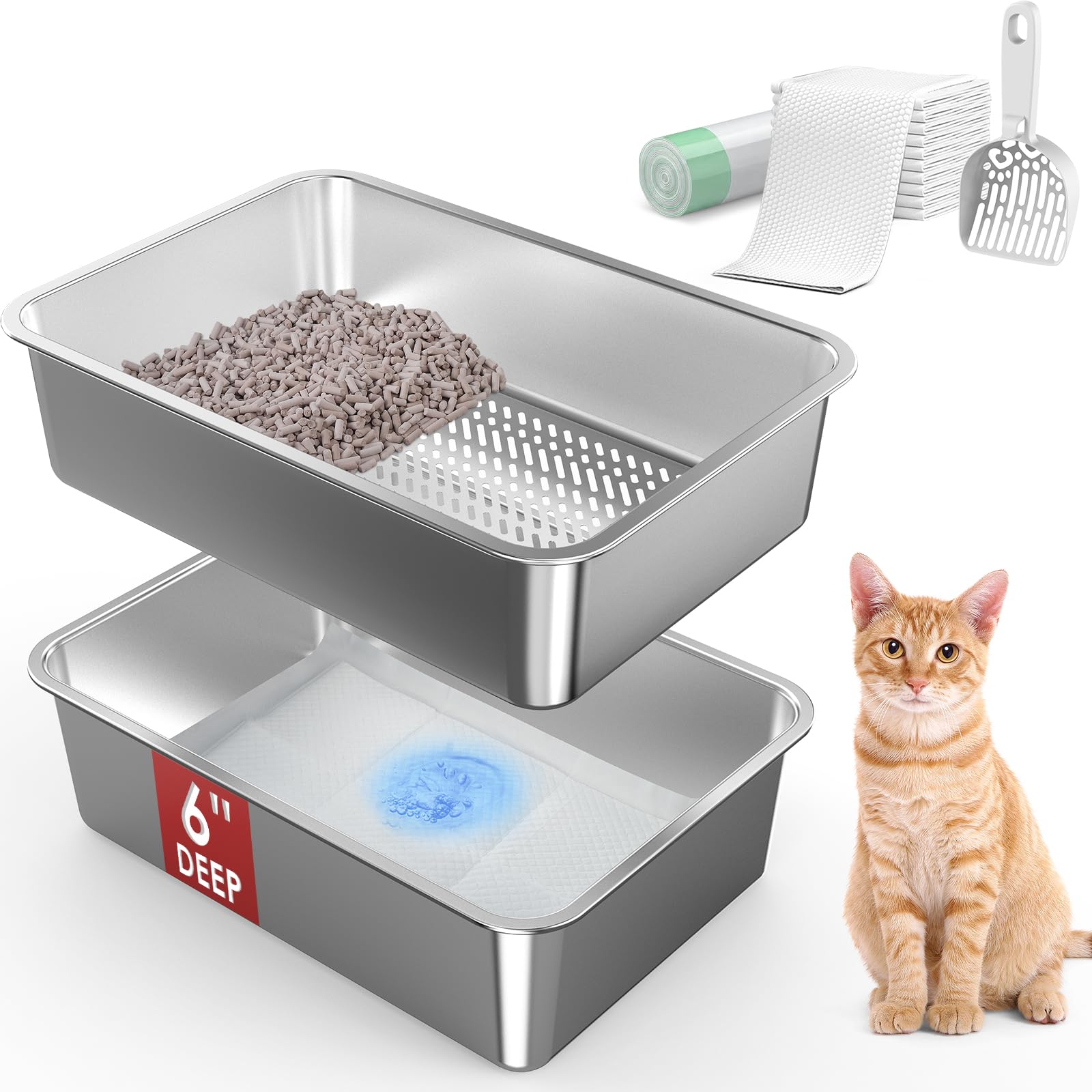 Photo 1 of 19.7''x13.8''x6'' Stainless Steel Sifting Litter Box for Pine Pellets, Stainless Steel Litter Box for Sifter Litter Pan System, Metal Litter Tray with Pee Pad and Scoop, Odor Control, Easy Cleaning