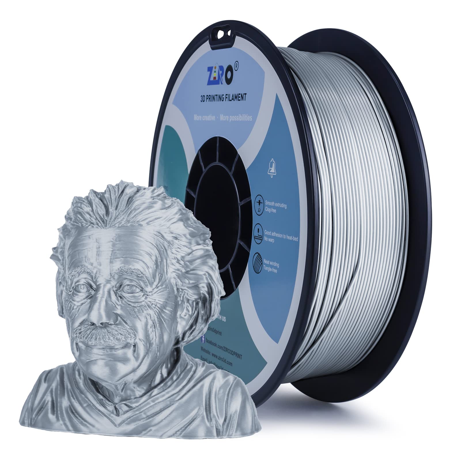 ZIRO PLA Metal Filament 1.75mm, 3D Printer Filament PLA PRO Metal Copper 1.75 1kg(2.2lbs), Dimensional Accuracy +/- 0.03mm, Silver