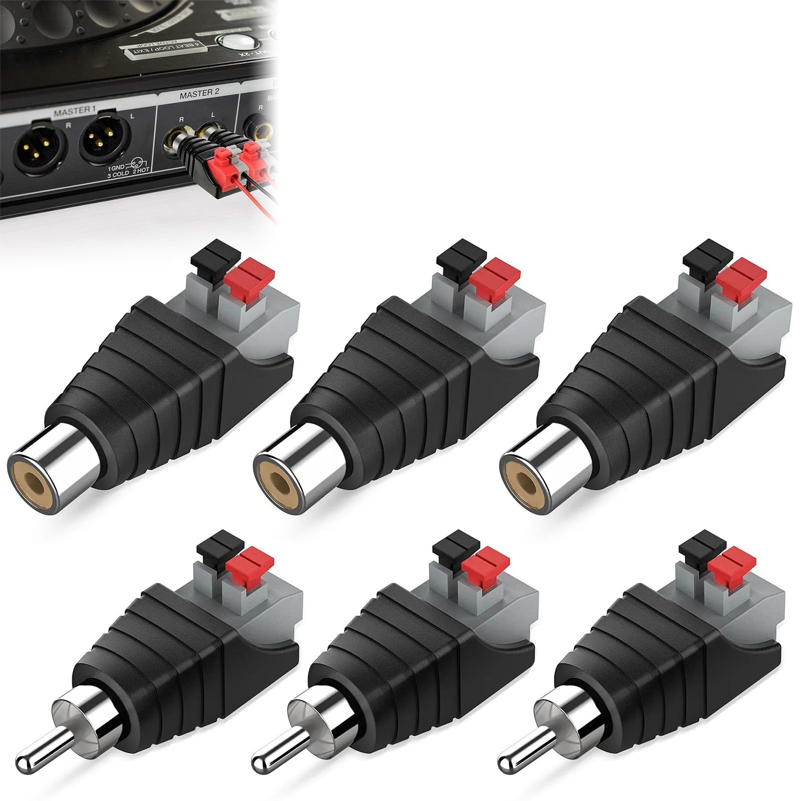 Cerioll RCA Male/Female, RCA to Speaker Cable Adapter, RCA Male/Female to AV 2 Screw Terminal, 3 x RCA Female + 3 x RCA Male, Speaker Phono RCA Male to AV 2 Screw Terminals
