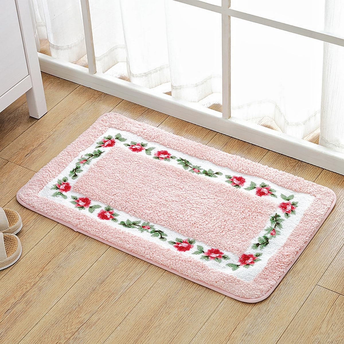 Photo 1 of QMEAKMONY Bathroom Rugs with Romantic Rose Flower Soft Comfortable Bath Mat Absorbent Non Slip Area Rugs for Bedroom Living Room Kitchen Washable Mat(Pink,17.7x47 in)