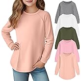 LessonZoo 5 Pack Girls' Long Sleeve Shirts Curve Hem Crewneck Tops Raglan Loose Fit Casual Kids Basic Tees Fall