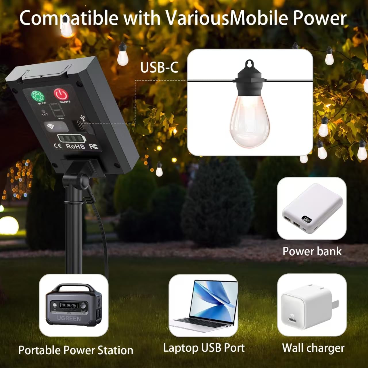 xitubal Solar LED Outdoor String Lights, 37Ft 15 LEDs Bulbs,IP65 Waterproof 8 Lighting Modes,Perfect for Patio, Garden, Halloween,Christmas Decorations