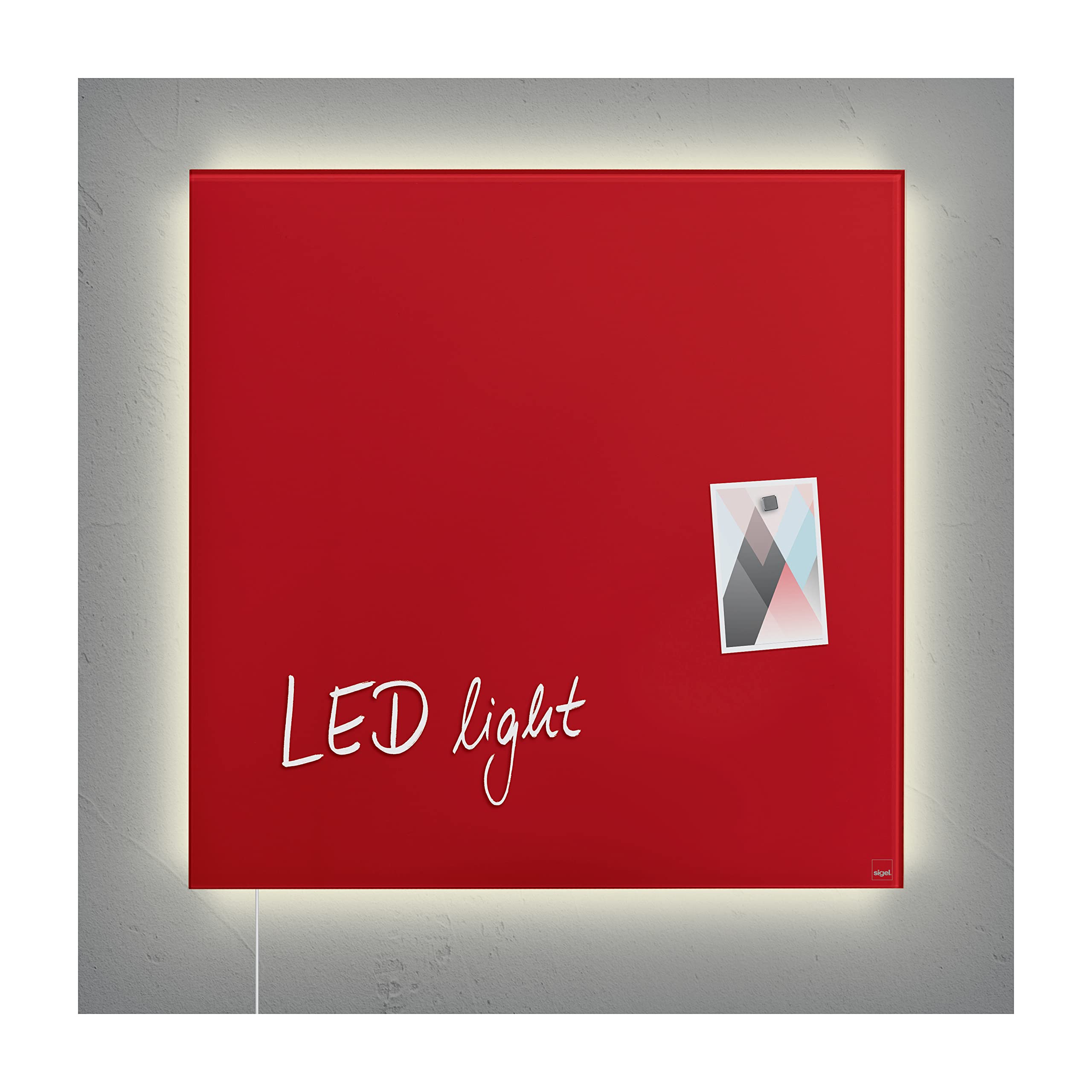 SIGEL GL452 Premium Glass Magnetic Board, Glossy Surface, 48 X 48 Cm, With Led Lighting, Easy Mounting, Red - Artverum