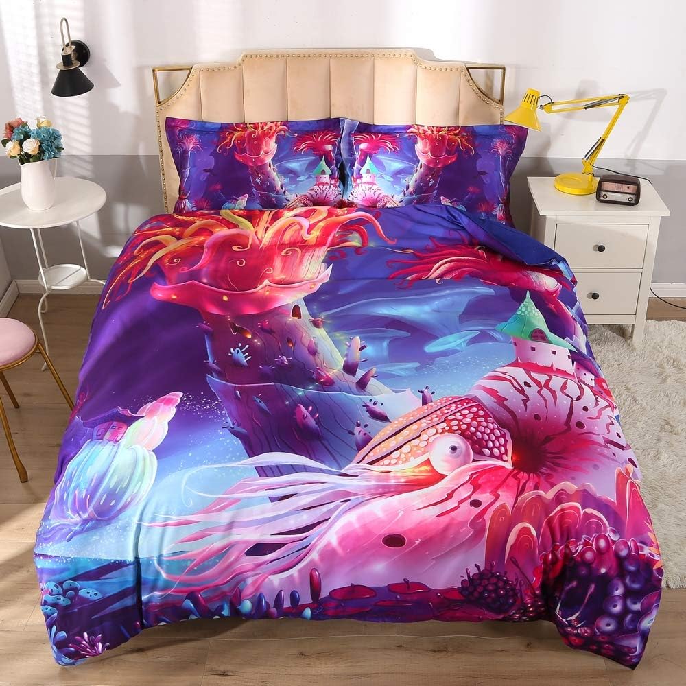 ENJOHOS Ocean Life Bedding for Children Marine World Blue Ocean Corals Fishes Bed Set 3PCS 3D Digital Print Sealife 3-Piece Quilt Set for Teens Boys and Girls(Full,3 PCS