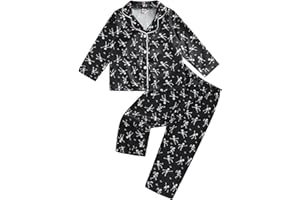 Qiylii Toddler Boys Girls Skull Pajamas Black Halloween Button-Up Silk Pajamas Kids Long Satin Pajama Set Skeleton Sleepwear