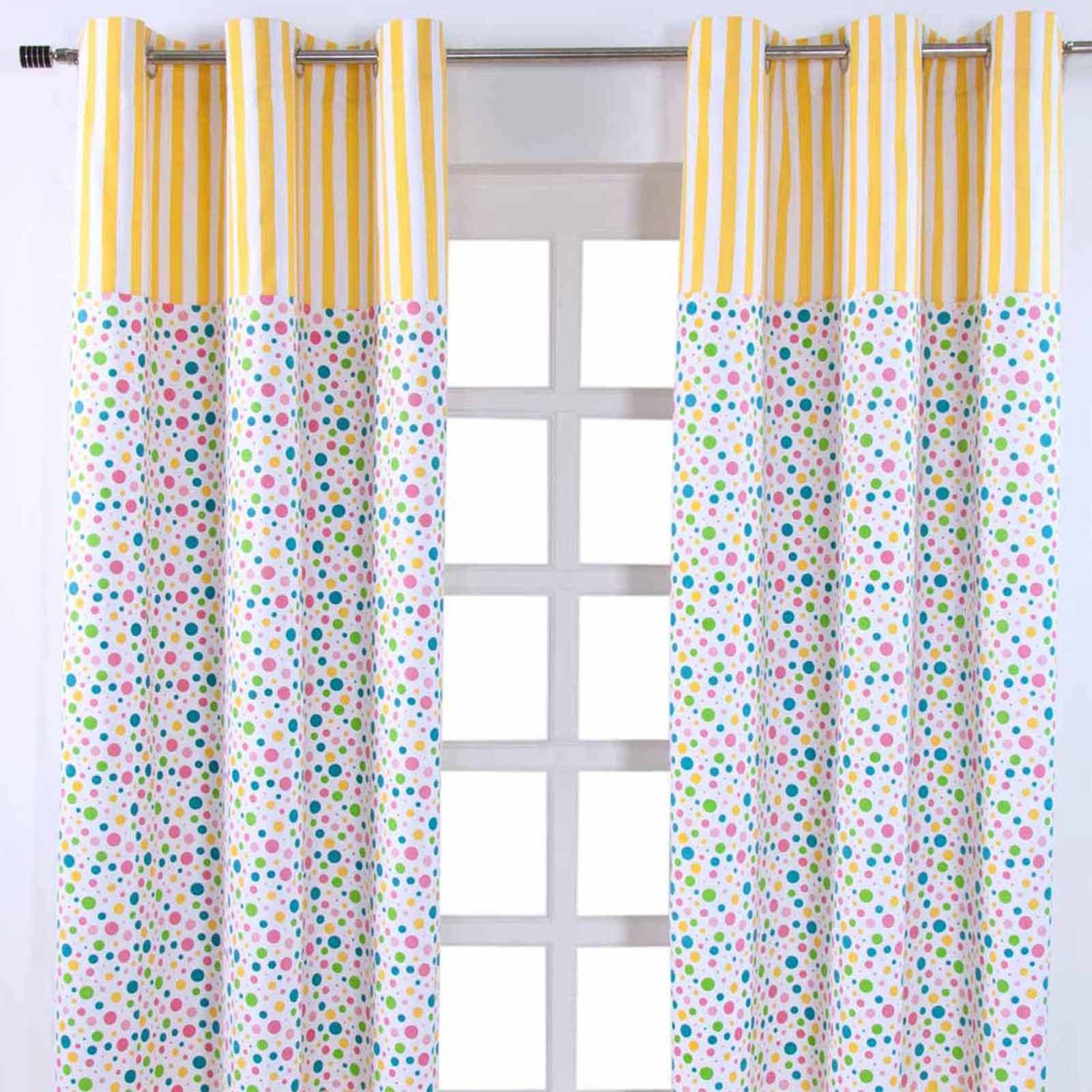 HOMESCAPES 100% Cotton Unlined Eyelet Curtain Pair - Polka Dot Multi - Blue Yellow White - 137cm (54") Wide x 182cm (90") Drop