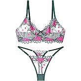 FEOYA Women Embroidery Underwire Set Thong Lingerie Set Mesh Underwire Push Up See Through Panty Bra