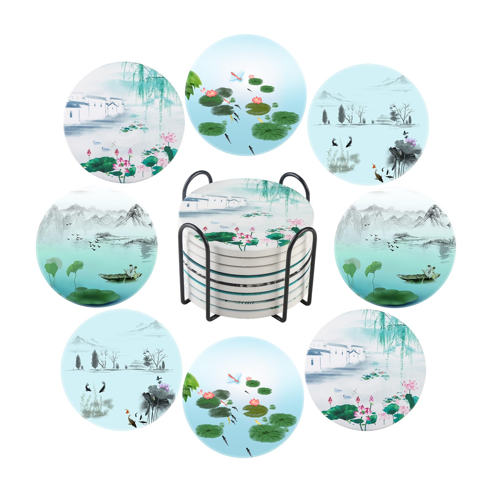 Coasters for Drinks Lotus Style,Water Absorbent Cork Base Coaster Set of 8, Heat-Resistant Drink Coasters,10CM, Desktop Decoration，Suitable for Hot Coffee,Cold Drink,Wine Glass